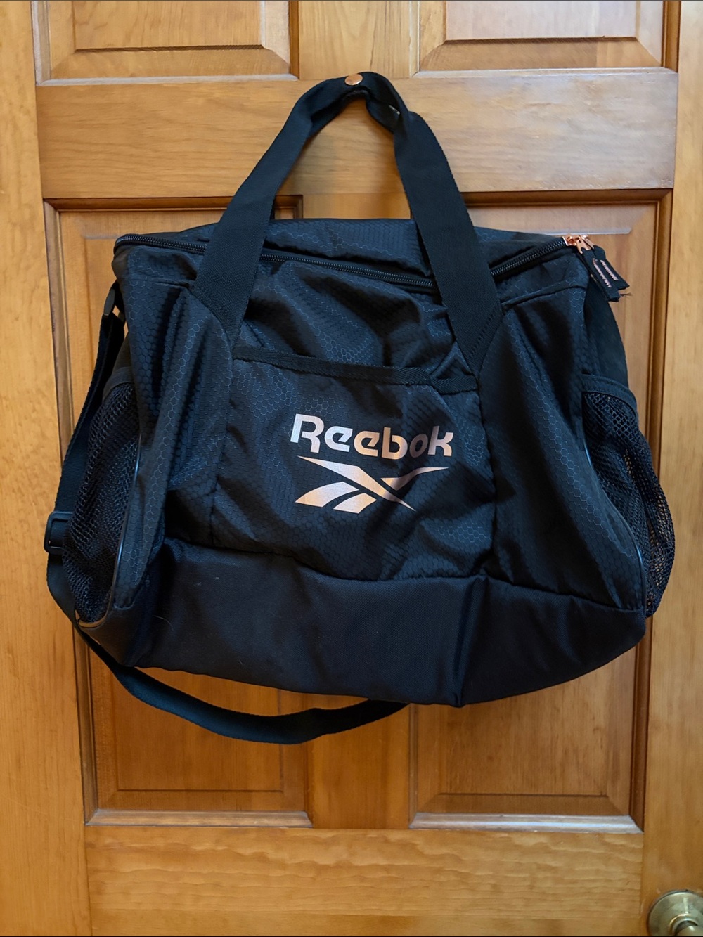 Reebok Black Duffel with Rose Gold Logo Accent